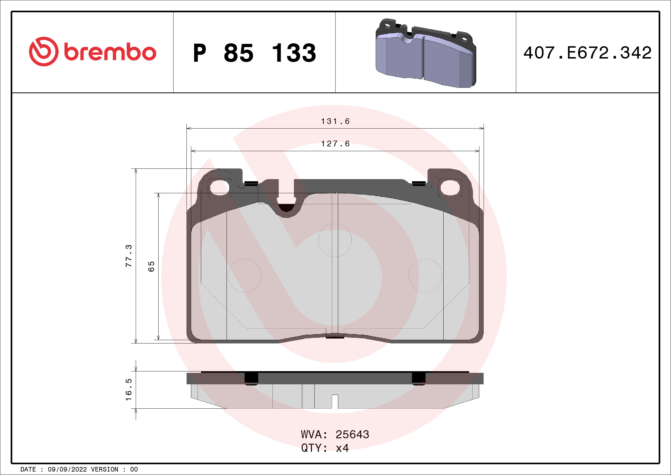 A.B.S. P 85 133 BREMBO Bremsbelagsatz, Scheibenbremse